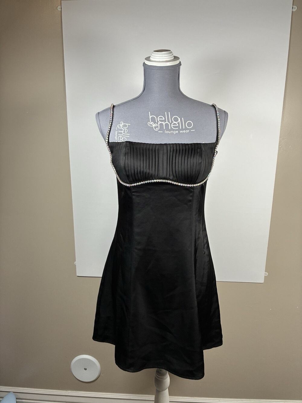 ASTR The Label XS Black Satin Mini Dress Rhinestone Strap Pleated Bust Party